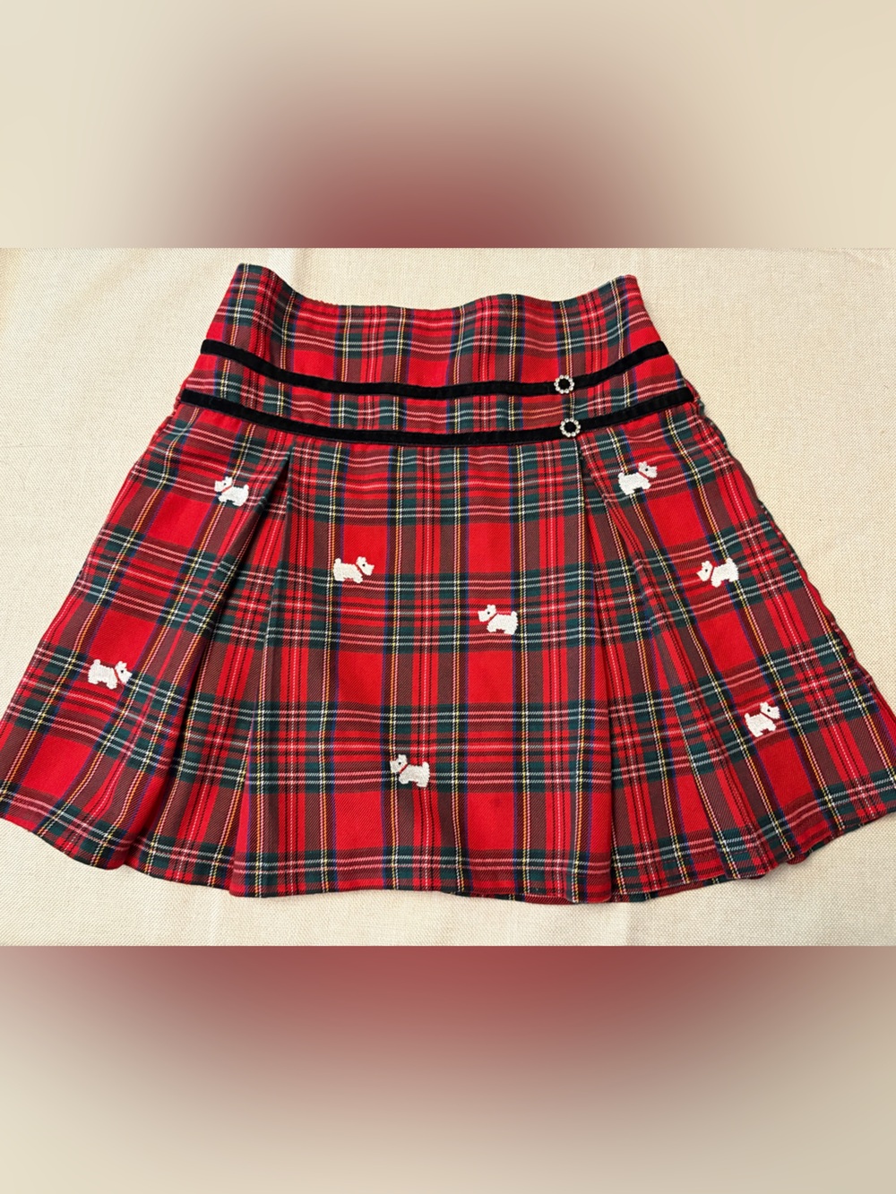 Girls Red Plaid Pleated Skirt with White Dog Embroidery